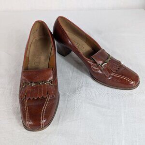 Cobbies Heels Vintage Fringe Leather Brown Oxford Academia Shoes Womens Size 8.5